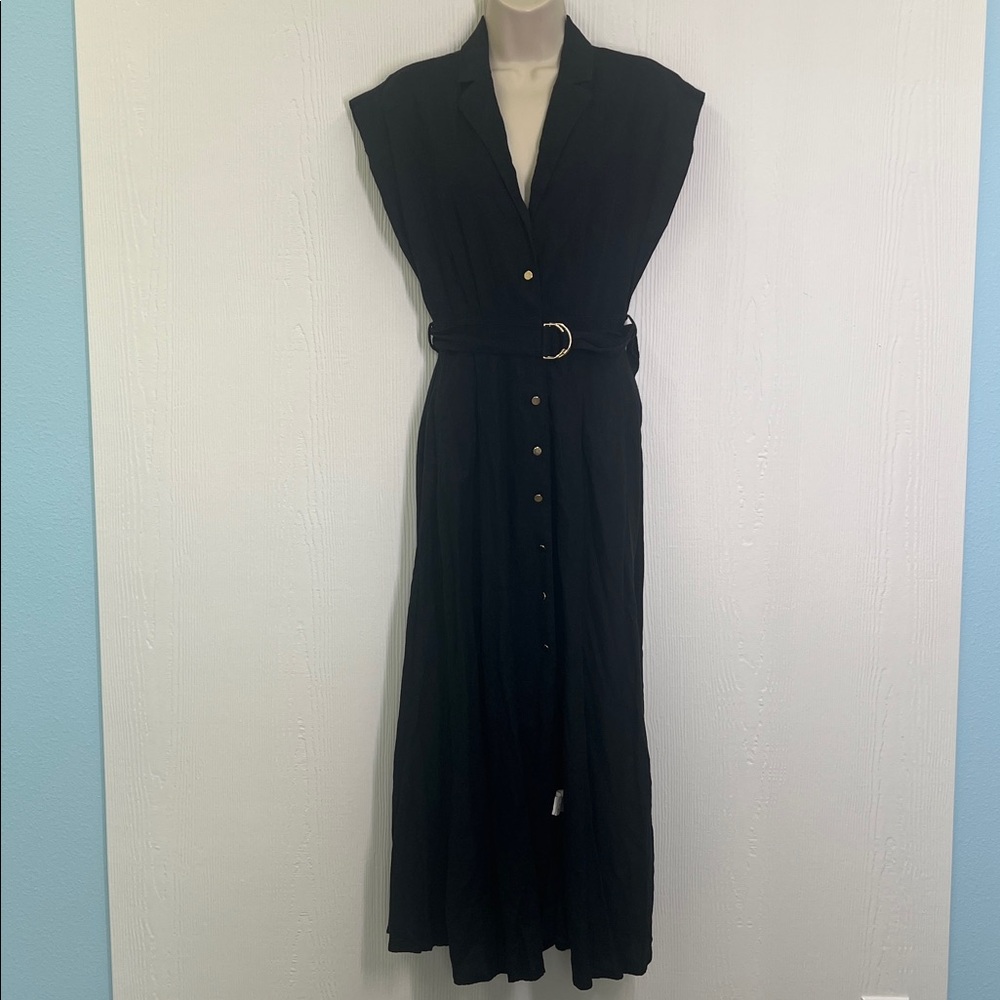 Zara - Black Linen Blend Short Sleeve Golden Button Belted Maxi Dress Size Small - Picture 2 of 10